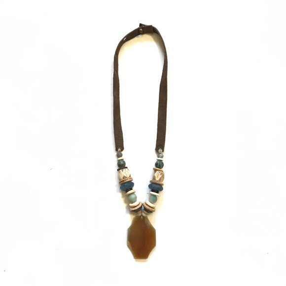 Twine & Twig Medallion Tribal Beaded Necklace Womens Brown Suede Strap Pendant - Picture 11 of 11